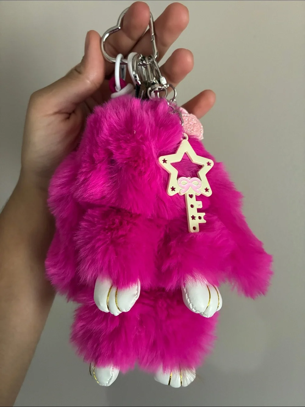 Hot Pink Fluffy Bunny Keychain with Cute Charms